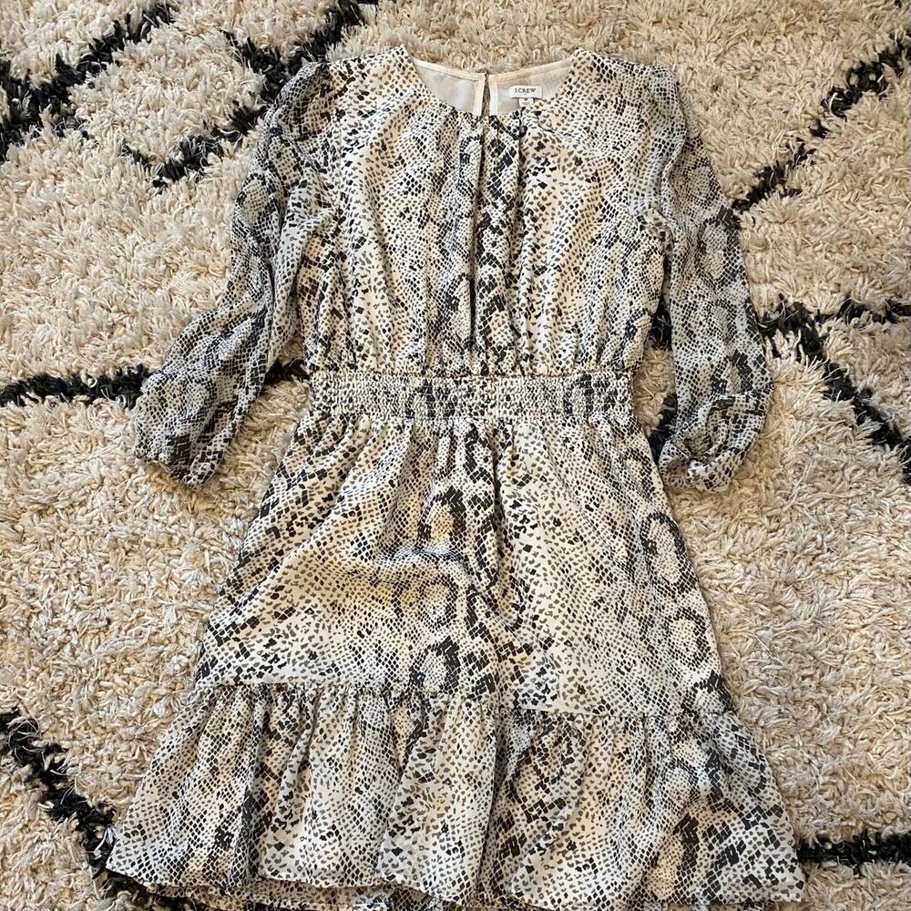 J.Crew Dress Cream With Black Snake Print Long Sleeve Knee Length Size Medium